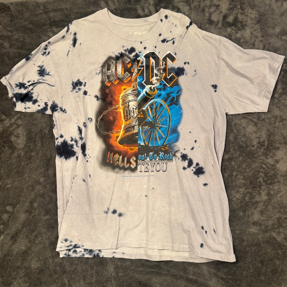 AC/DC Hells Bells Tie Dye Graphic T-Shirt Mens XL Liquid Blue Rock Band Cannon